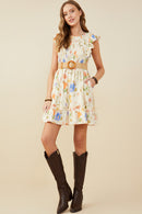 HY9505 Cream Womens Textured Floral Print Smocked Ruffle Tank Dress Gif