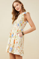 HY9505 Cream Womens Textured Floral Print Smocked Ruffle Tank Dress Full Body