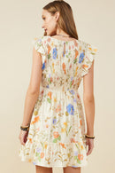 HY9505 Cream Womens Textured Floral Print Smocked Ruffle Tank Dress Side