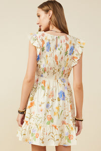 HY9505 Cream Womens Textured Floral Print Smocked Ruffle Tank Dress Side