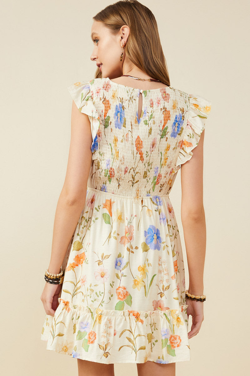 HY9505 Cream Womens Textured Floral Print Smocked Ruffle Tank Dress Side