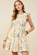 HY9505 Cream Womens Textured Floral Print Smocked Ruffle Tank Dress Back