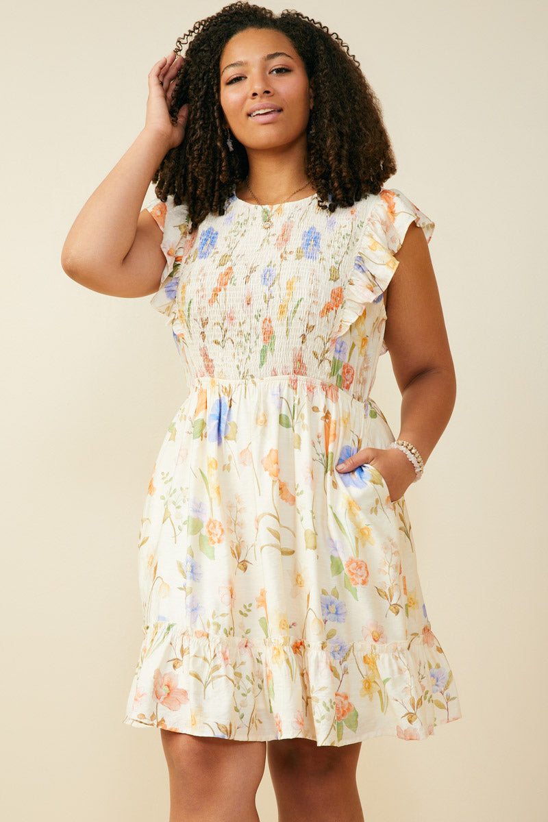 Textured Floral Print Smocked Ruffle Tank Dress