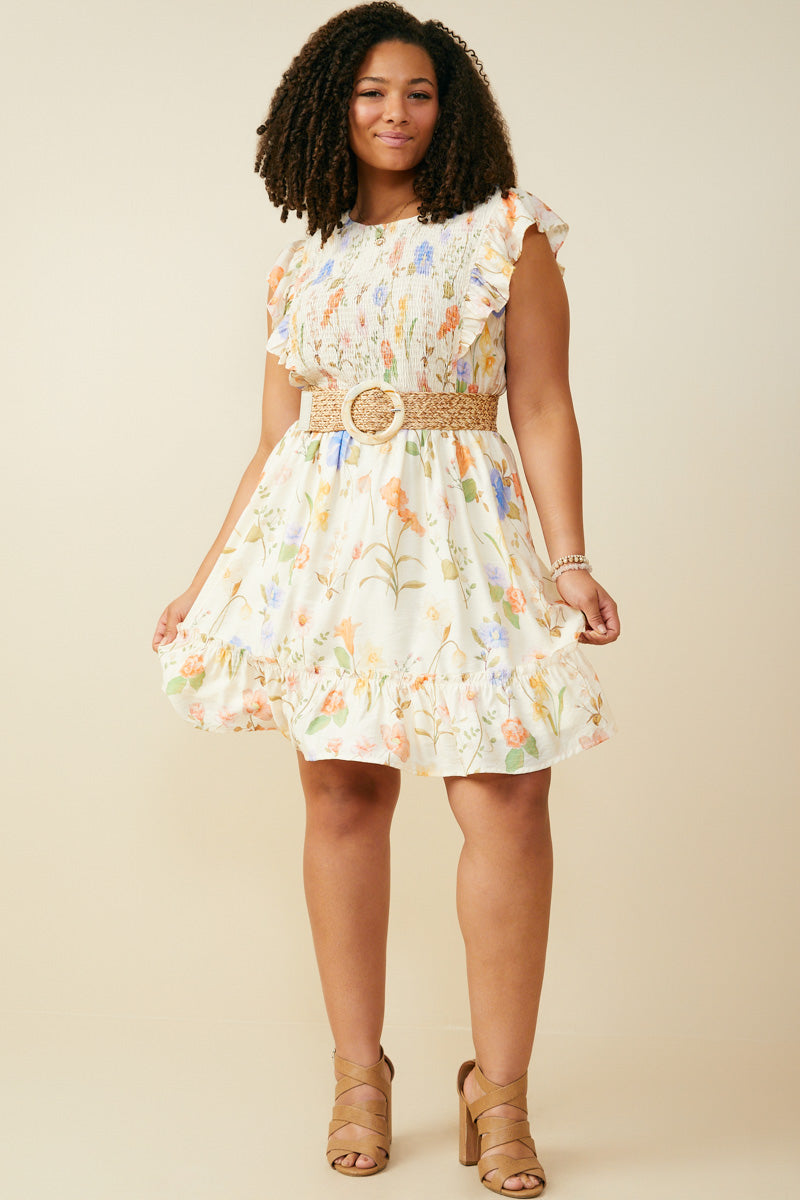 HY9505 Cream Womens Textured Floral Print Smocked Ruffle Tank Dress Front