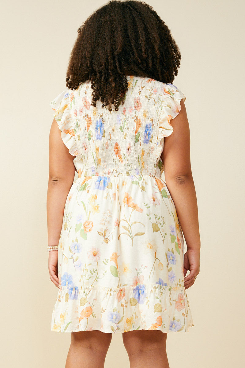 HY9505W Cream Plus Textured Floral Print Smocked Ruffle Tank Dress Full Body