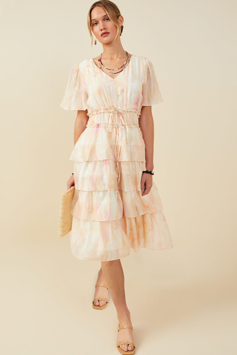 Watercolor Print Tiered Cinch Waist Dress