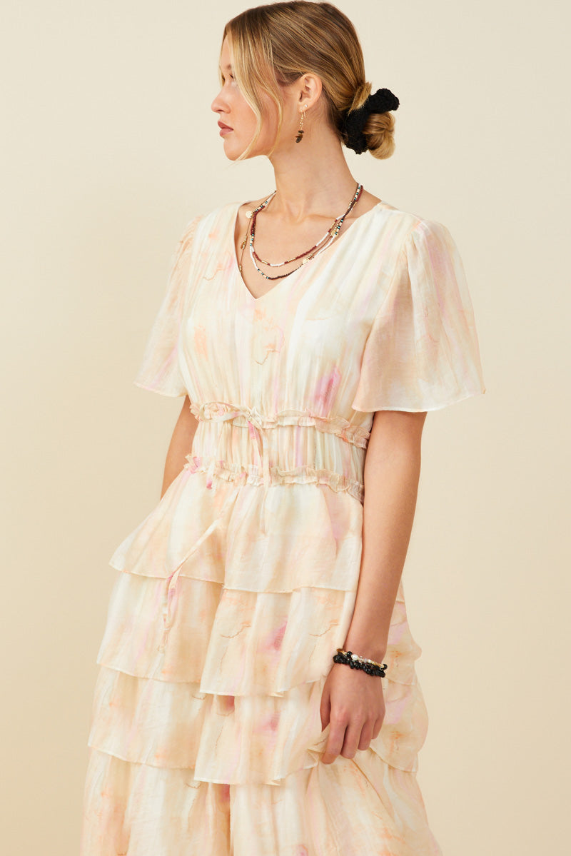 HY9514 Blush Mix Womens Watercolor Print Tiered Cinch Waist Dress Front