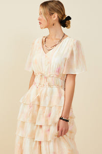 HY9514 Blush Mix Womens Watercolor Print Tiered Cinch Waist Dress Front