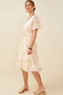 HY9514 Blush Mix Womens Watercolor Print Tiered Cinch Waist Dress Side