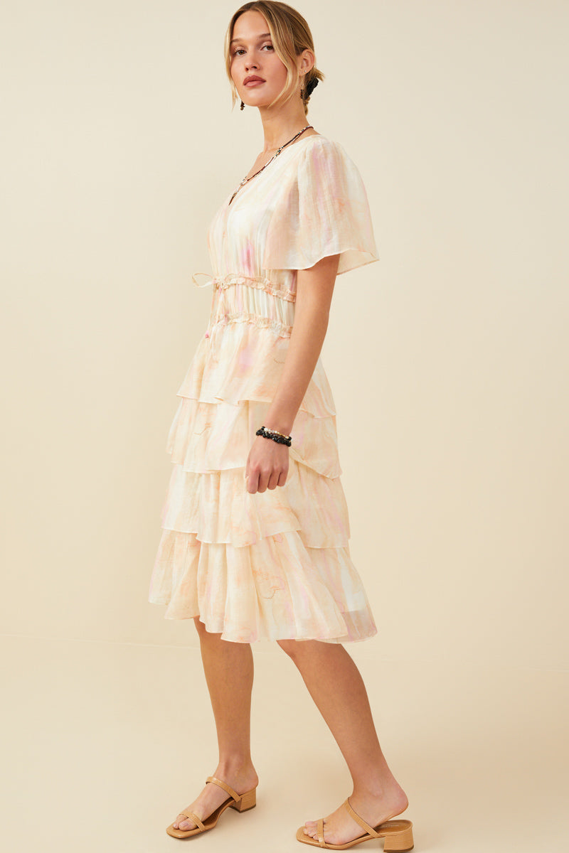HY9514 Blush Mix Womens Watercolor Print Tiered Cinch Waist Dress Side