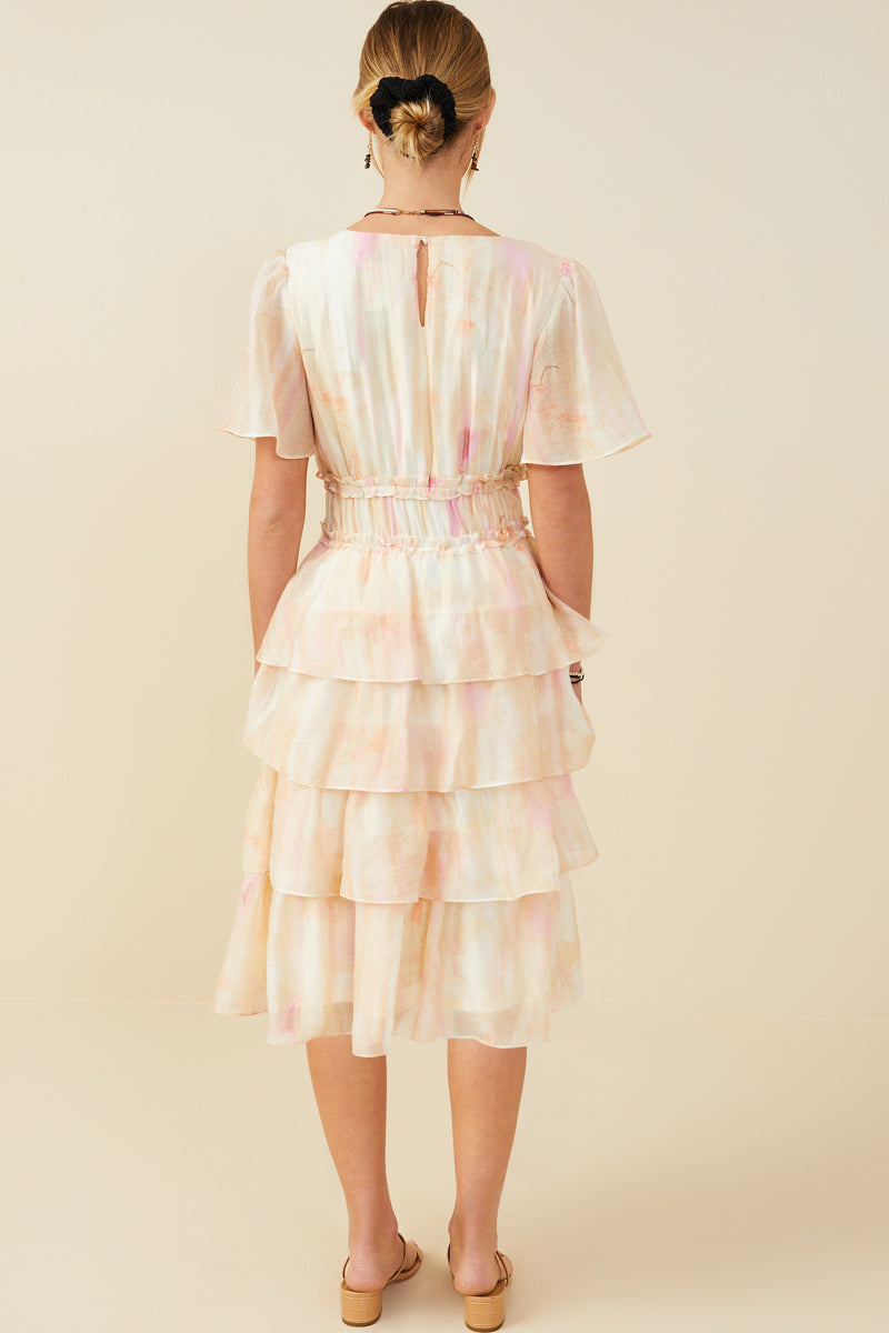 HY9514 Blush Mix Womens Watercolor Print Tiered Cinch Waist Dress Back