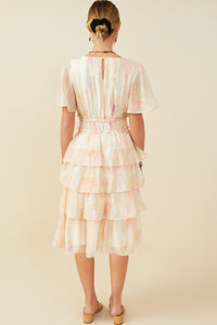 HY9514 Blush Mix Womens Watercolor Print Tiered Cinch Waist Dress Back