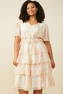 HY9514 Blush Mix Womens Watercolor Print Tiered Cinch Waist Dress Full Body