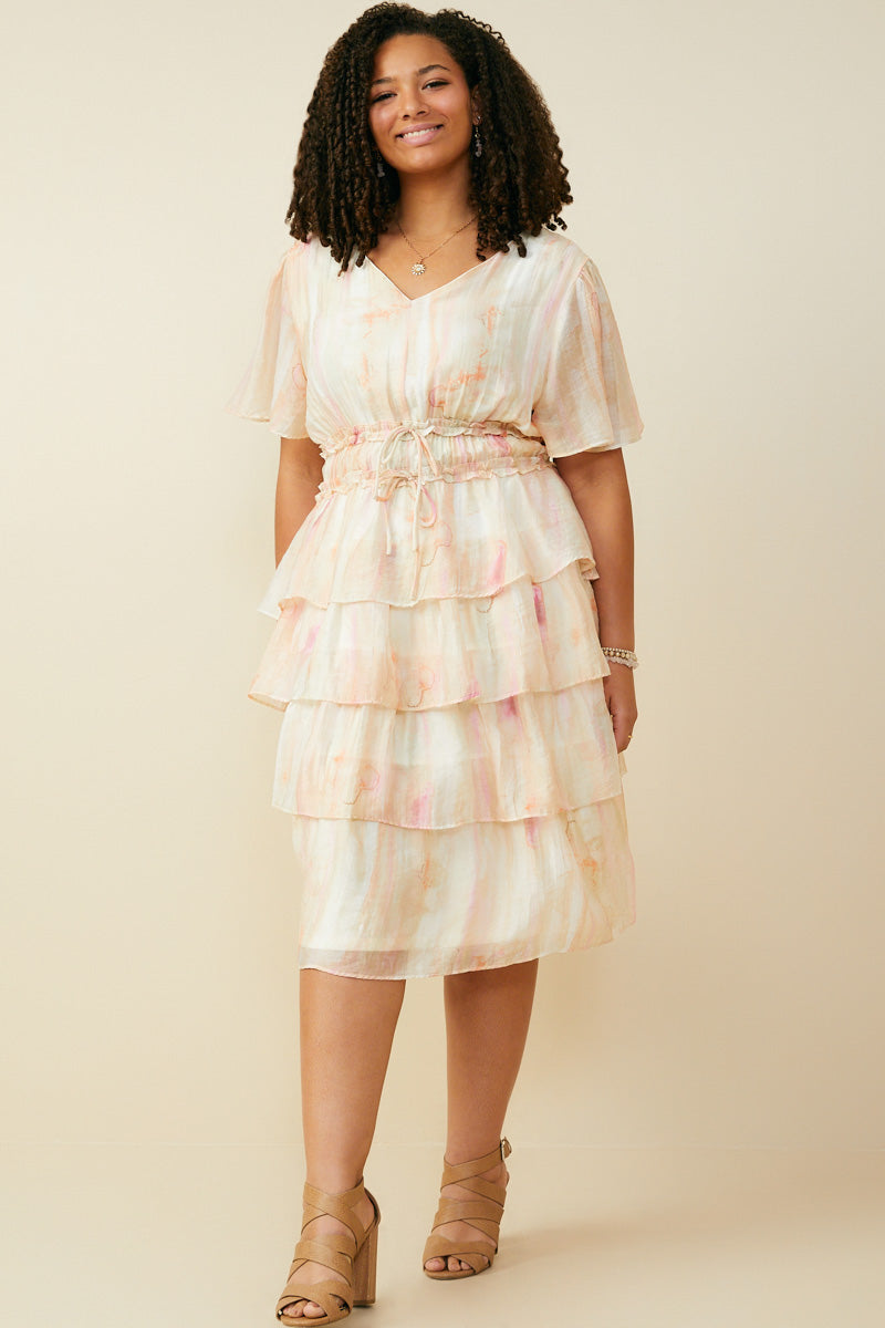 HY9514W Blush Mix Plus Watercolor Print Tiered Cinch Waist Dress Gif