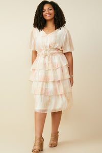 HY9514W Blush Mix Plus Watercolor Print Tiered Cinch Waist Dress Gif