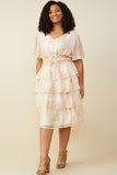 HY9514W Blush Mix Plus Watercolor Print Tiered Cinch Waist Dress Gif