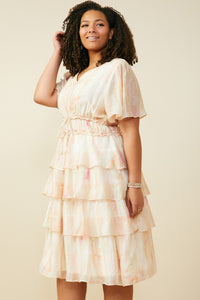 HY9514W Blush Mix Plus Watercolor Print Tiered Cinch Waist Dress Full Body