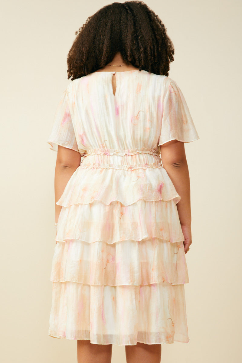 HY9514W Blush Mix Plus Watercolor Print Tiered Cinch Waist Dress Side