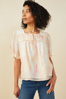 HY9515 Blush Mix Womens Watercolor Print Shirring Detail Tie Front Top Front