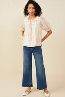 HY9515 Blush Mix Womens Watercolor Print Shirring Detail Tie Gif Top Gif