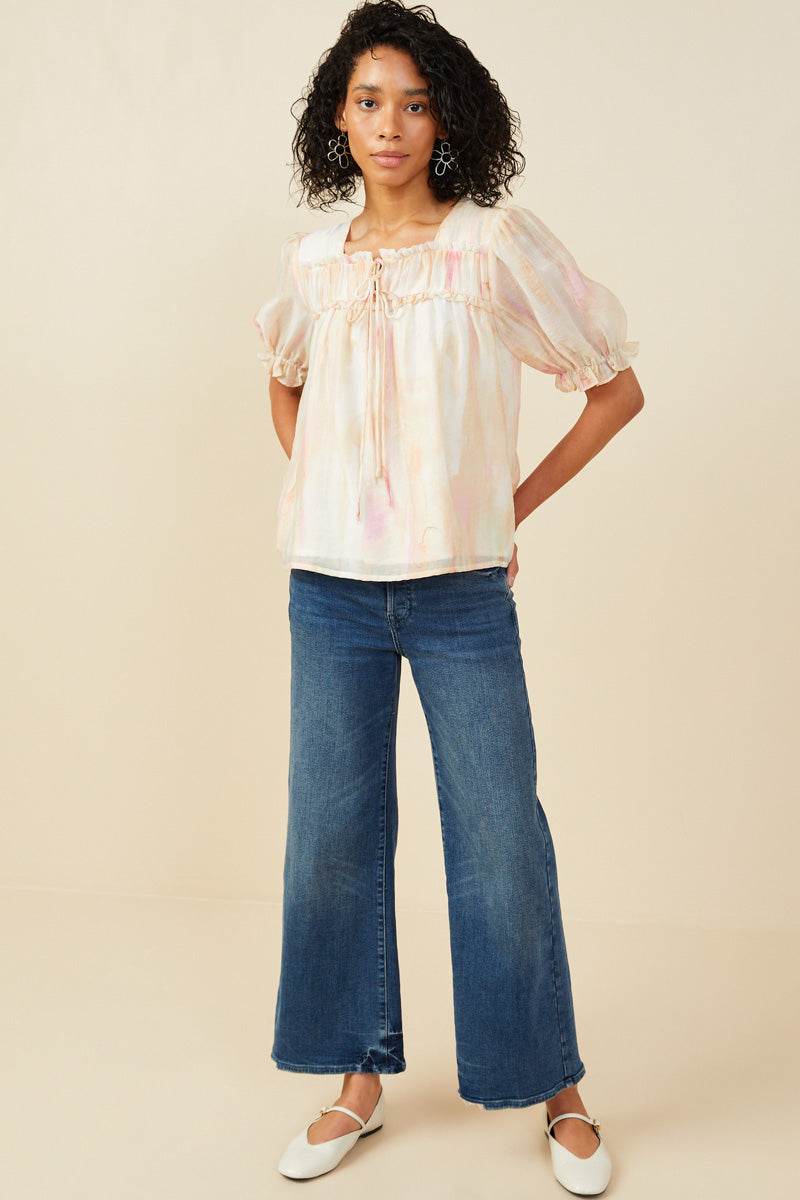 HY9515 Blush Mix Womens Watercolor Print Shirring Detail Tie Gif Top Gif