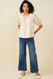 HY9515 Blush Mix Womens Watercolor Print Shirring Detail Tie Gif Top Gif