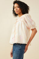 HY9515 Blush Mix Womens Watercolor Print Shirring Detail Tie Front Top Full Body