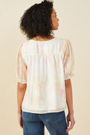 HY9515 Blush Mix Womens Watercolor Print Shirring Detail Tie Front Top Side