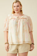 HY9515W Blush Mix Plus Watercolor Print Shirring Detail Tie Front Top Front