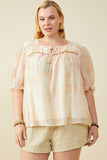 HY9515W Blush Mix Plus Watercolor Print Shirring Detail Tie Front Top Front