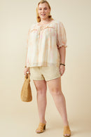 HY9515 Blush Mix Womens Watercolor Print Shirring Detail Tie Front Top Back