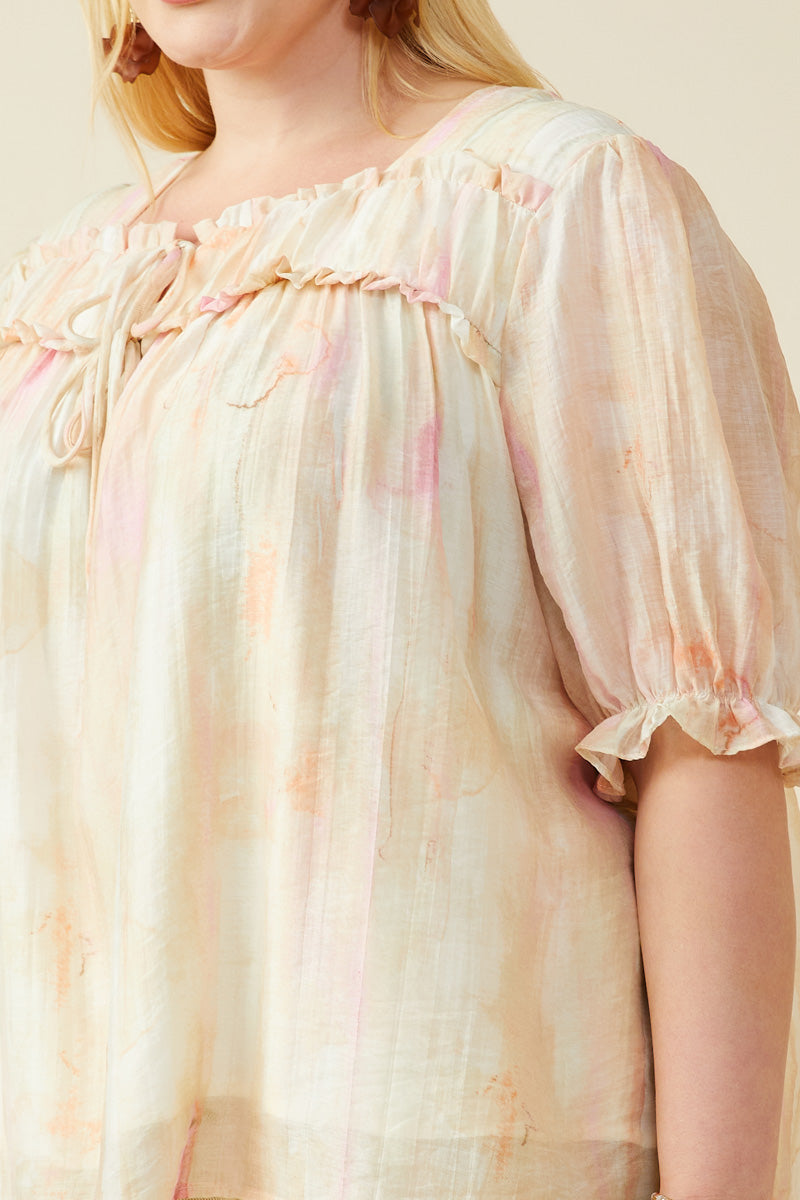 HY9515W Blush Mix Plus Watercolor Print Shirring Detail Tie Gif Top Gif