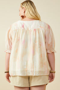 HY9515W Blush Mix Plus Watercolor Print Shirring Detail Tie Front Top Full Body