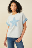 HY9522W Heather Grey Plus Denim Star Patch Boxy Fit Knit T Shirt Front