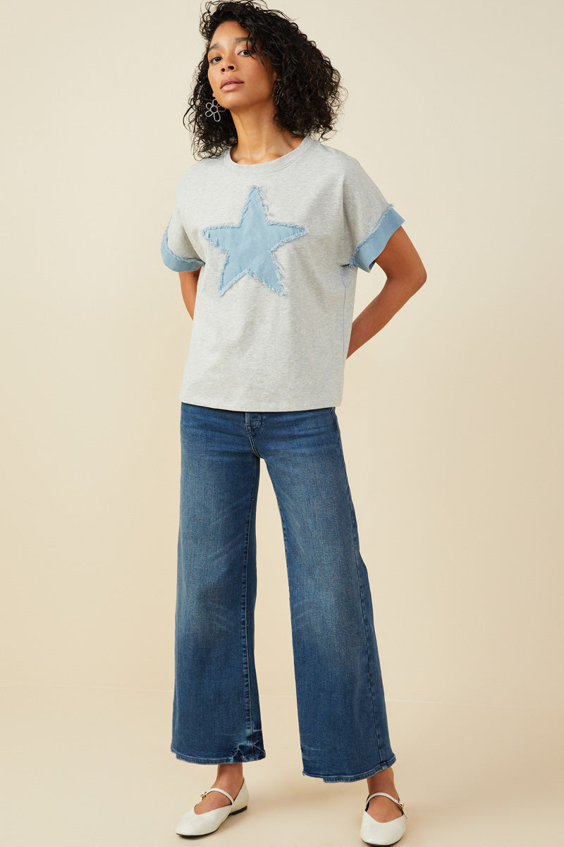 HY9522 Heather Grey Womens Denim Star Patch Boxy Fit Knit T Shirt Gif