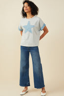 HY9522 Heather Grey Womens Denim Star Patch Boxy Fit Knit T Shirt Gif