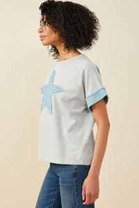 HY9522 Heather Grey Womens Denim Star Patch Boxy Fit Knit T Shirt Full Body