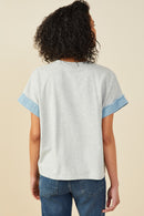 HY9522 Heather Grey Womens Denim Star Patch Boxy Fit Knit T Shirt Side