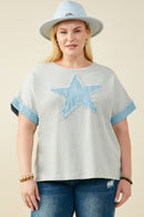 HY9522 Heather Grey Womens Denim Star Patch Boxy Fit Knit T Shirt Front