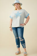 HY9522 Heather Grey Womens Denim Star Patch Boxy Fit Knit T Shirt Back