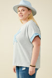 HY9522W Heather Grey Plus Denim Star Patch Boxy Fit Knit T Shirt Gif