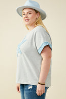 HY9522W Heather Grey Plus Denim Star Patch Boxy Fit Knit T Shirt Gif