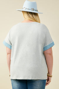 HY9522W Heather Grey Plus Denim Star Patch Boxy Fit Knit T Shirt Full Body