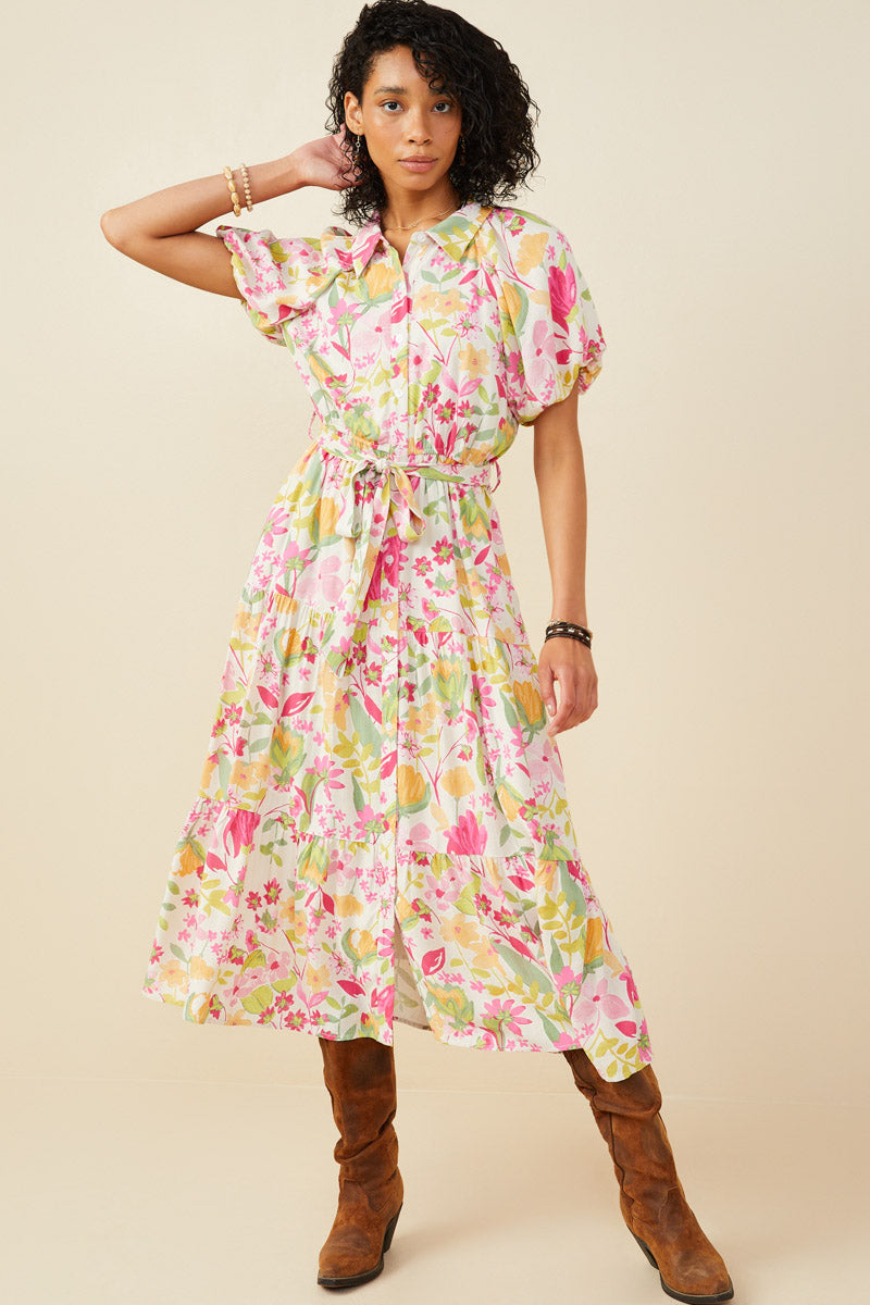 Floral Print Puff Sleeve Collared Dress