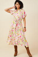 HY9566 Pink Womens Floral Print Puff Sleeve Collared Dress Full Body