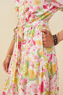 HY9566 Pink Womens Floral Print Puff Sleeve Collared Dress Front