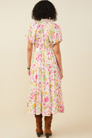 HY9566 Pink Womens Floral Print Puff Sleeve Collared Dress Detail