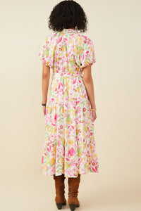 HY9566 Pink Womens Floral Print Puff Sleeve Collared Dress Detail
