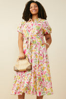 HY9566W Pink Plus Floral Print Puff Sleeve Collared Dress Pose