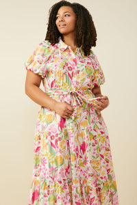 HY9566 Pink Womens Floral Print Puff Sleeve Collared Dress Back